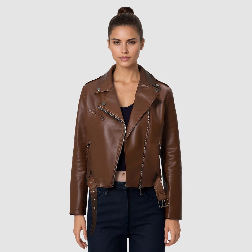 Veste Moto PU Cuir Courte — Ceinture & Col Revers Structuré