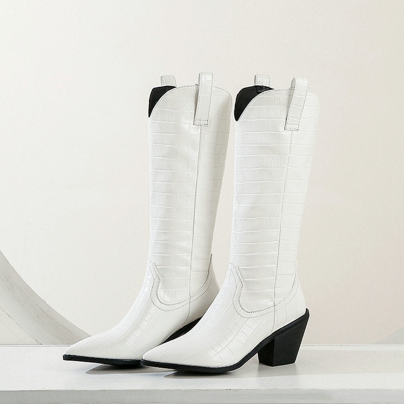 Bottes Cavalières Talon Bloc Hauteur Genou — Bout Pointu Plateforme