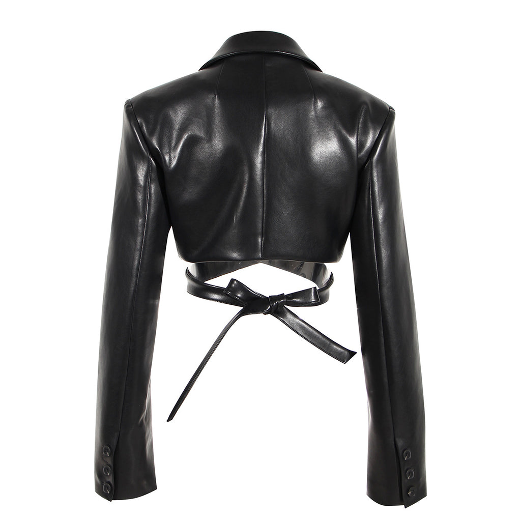Manteau Court PU Cuir — Laçage Croisé & Ouverture Totale