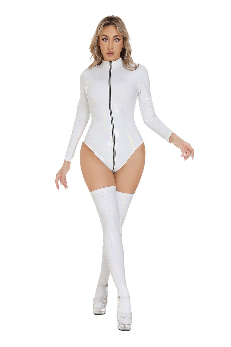Lingerie PU Brillant Zippée – Colorblock & Coupe Ouverte Sexy