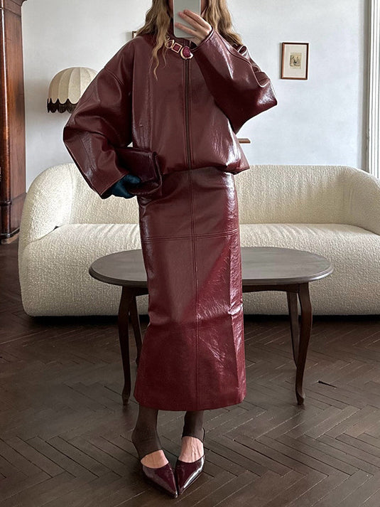 Ensemble Faux Cuir – Veste & Jupe Midi (Vert Kaki, Marron, Rouge)