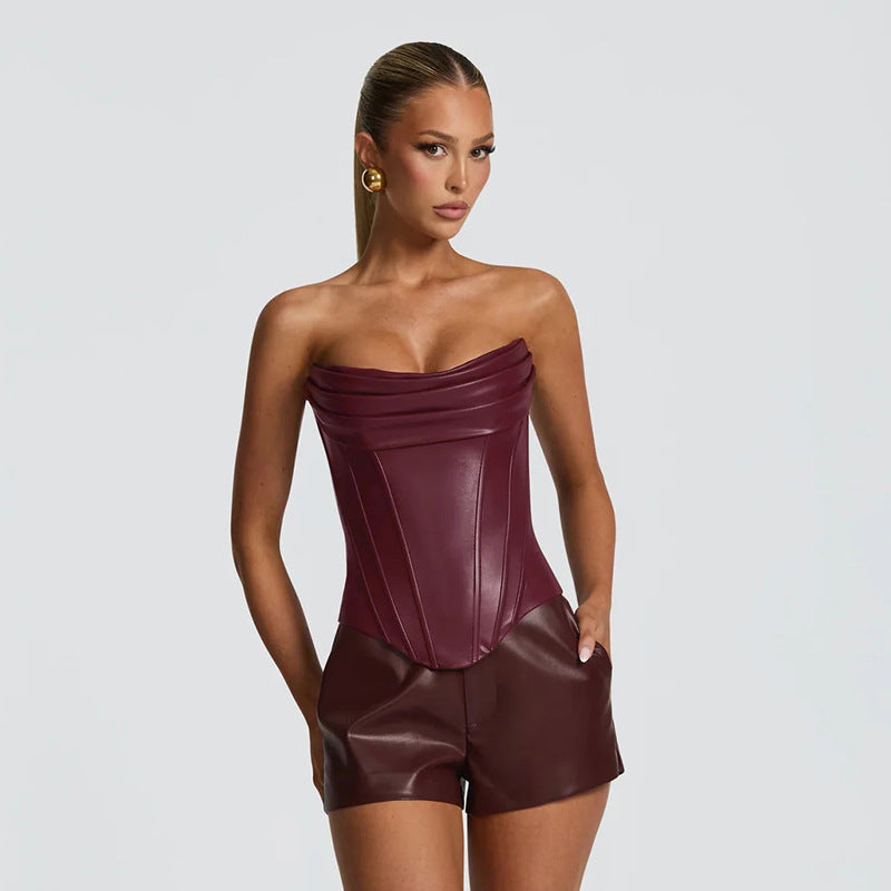 Top Corset PU Cuir Bretelles Arête de Poisson — Sans Manches