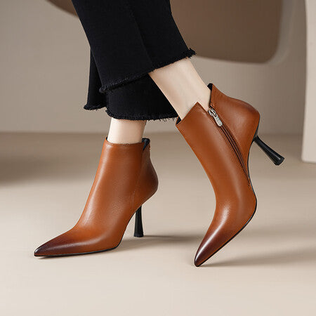 Boots en Cuir Véritable Talon Mi-Haut à Franges — Noir & Marron