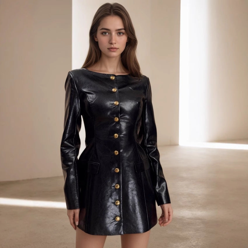 Manteau Simili Cuir Col Rond Boutons Métalliques – Coupe A-Line Femme