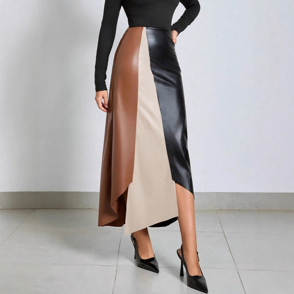 Jupe Midi Colorblock en Similicuir – Taille Haute & Fermeture Éclair