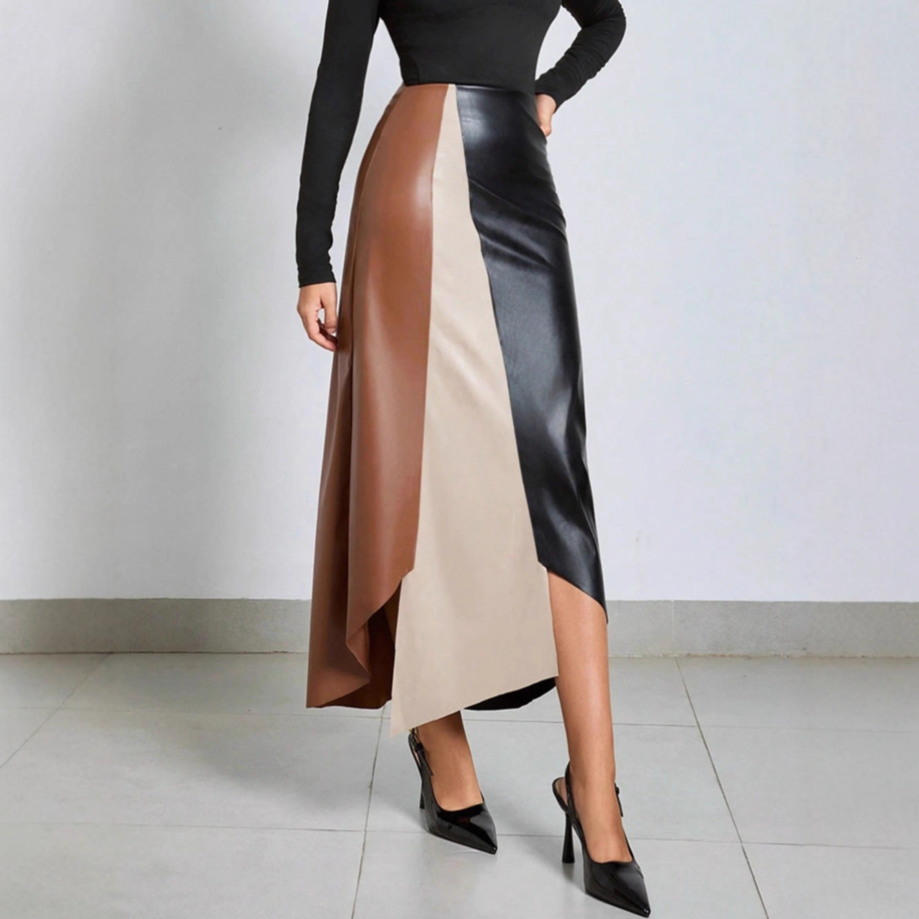 Jupe Midi Colorblock en Similicuir – Taille Haute & Fermeture Éclair