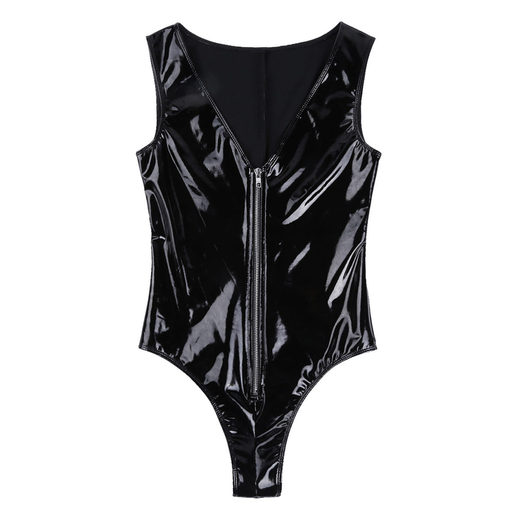 Bodysuit PU Leather Wetlook — Harness Noir Zipper Frontal
