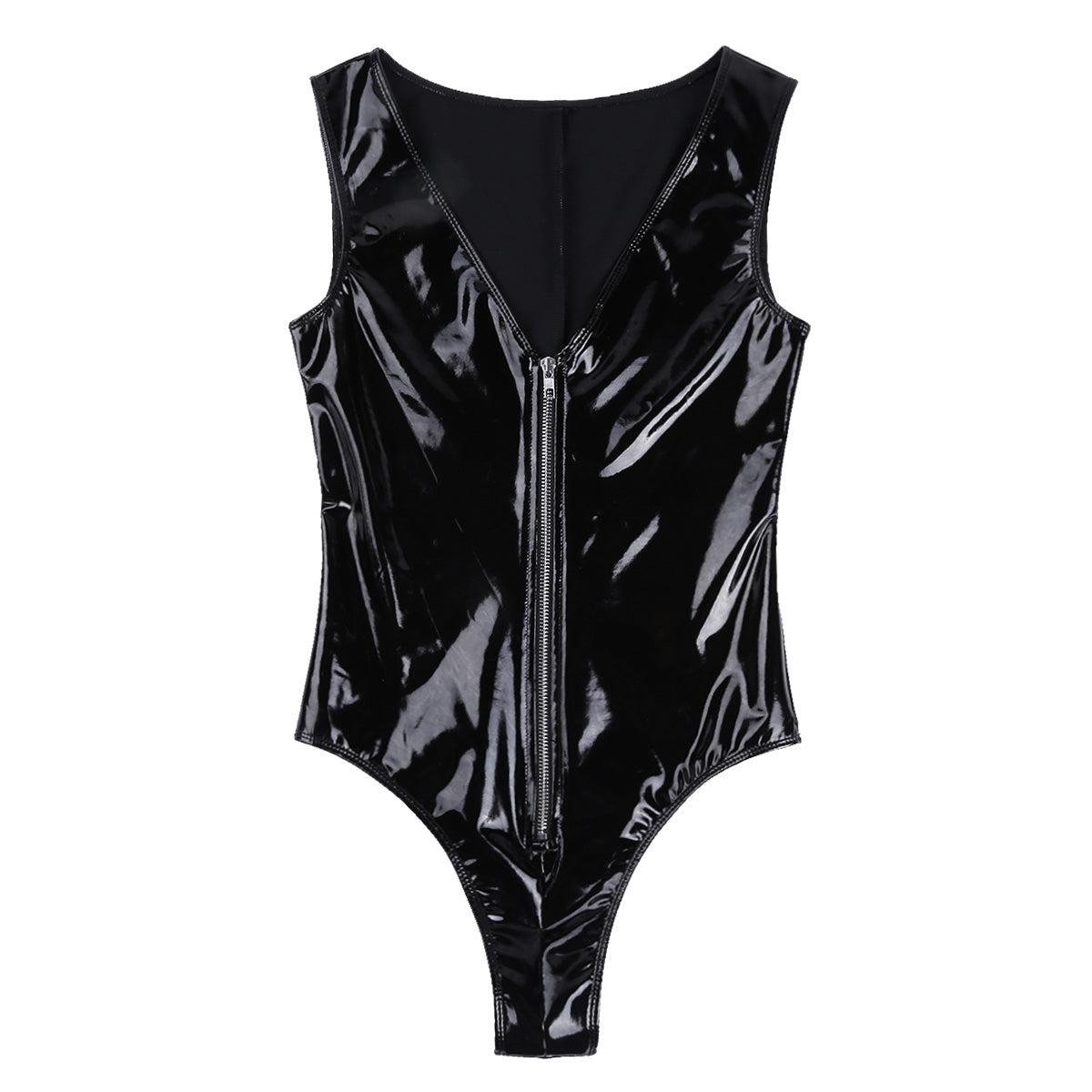 Bodysuit PU Leather Wetlook — Harness Noir Zipper Frontal