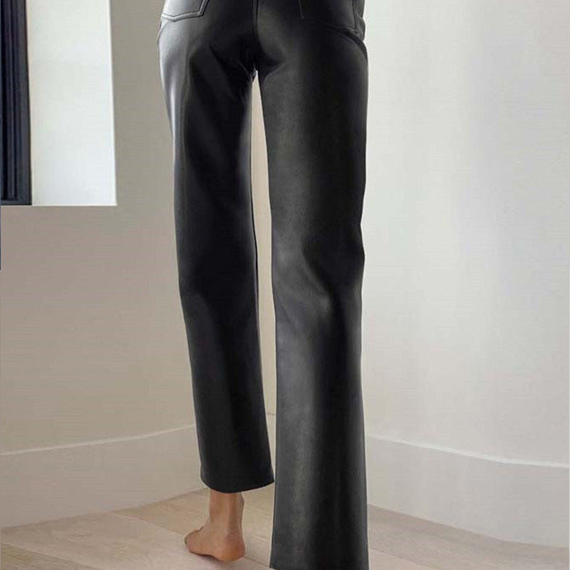 Pantalon PU Cuir Taille Haute Coupe Droite — Noir